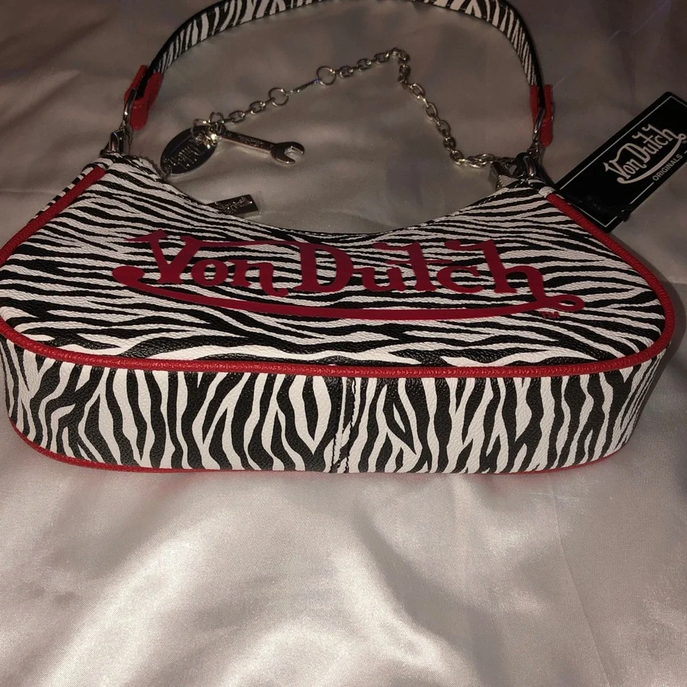 Von Dutch Zebra Print Shoulder Bag Red Trim & Logo Silver Chain + Wrench NWT